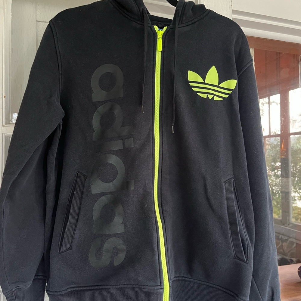 Vintage ADIDAS Blue Label Large Spellout Logo Zippered Hoodie Mens Size M Black